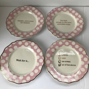 pink and white polka dot‎ dessert plate set of 4 with sayings